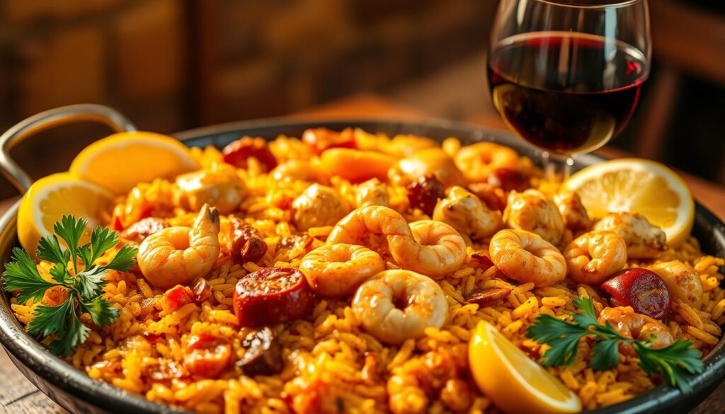 Spanish paella dish with wine pairing