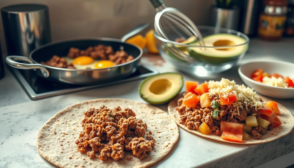 Beef & Egg Breakfast Burrito Preparation