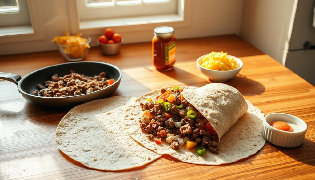 Beef and Egg Breakfast Burrito Preparation